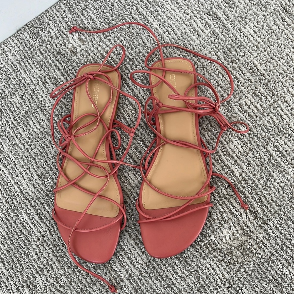 pink, lace up sandals, size 10